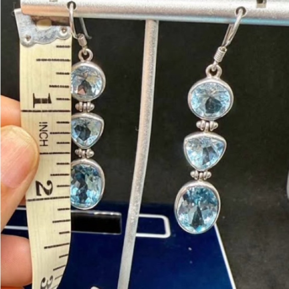 Elegant Sky Blue Topaz Sterling Silver 2” Dangle Earrings. Gorgeous - Picture 2 of 5
